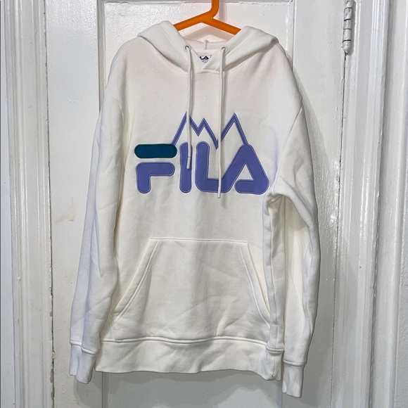 Fila Sweaters - Fila White Hoodie with Blue and Purple Logo